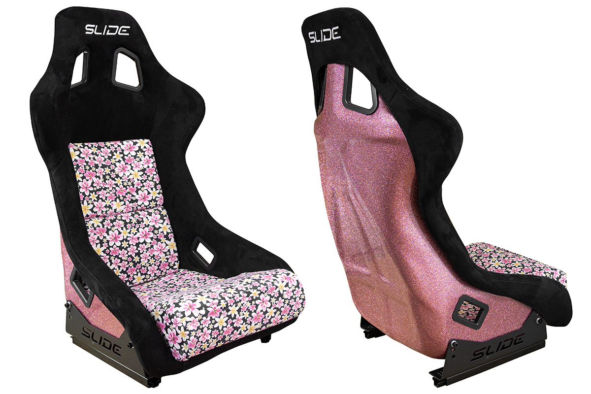 Racing seat SLIDE KS2 Premium Black & Flowers Suede Light Pink Glitter