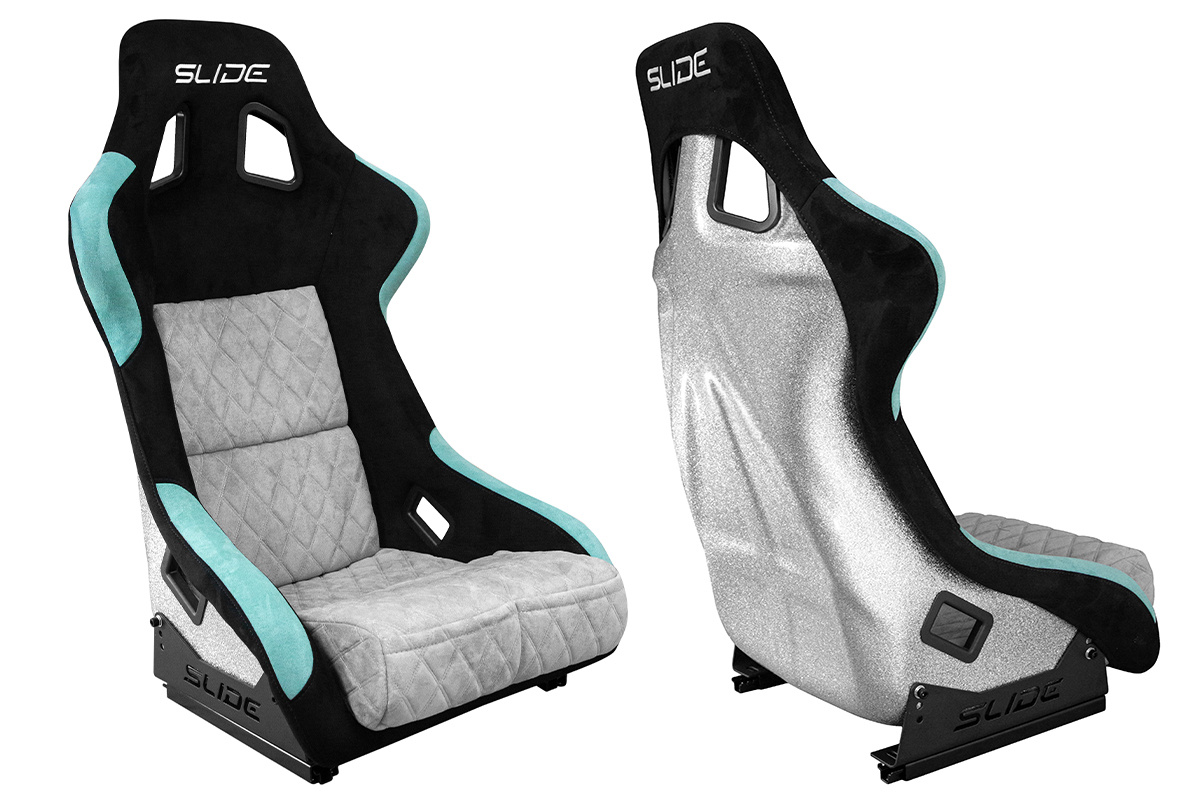 Racing seat SLIDE KS2 Premium Black & Mint & Quilted Grey Suede Silver Glitter