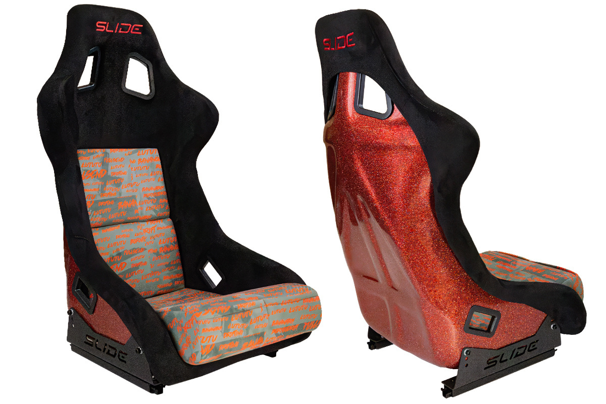 Racing seat SLIDE KS2 Premium Black Personal Words Velour & Red Glitter