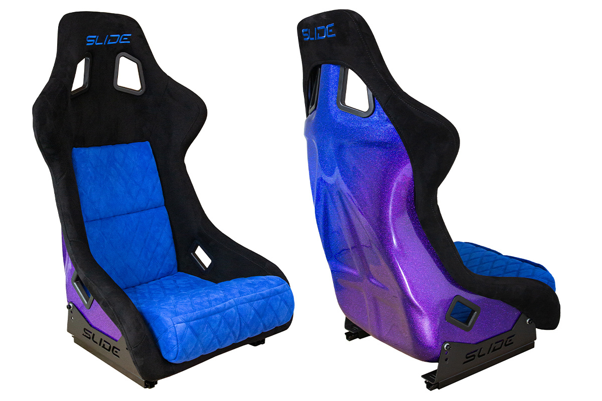 Racing seat SLIDE KS2 Premium Black & Quilted Blue Suede Purple-Blue Glitter