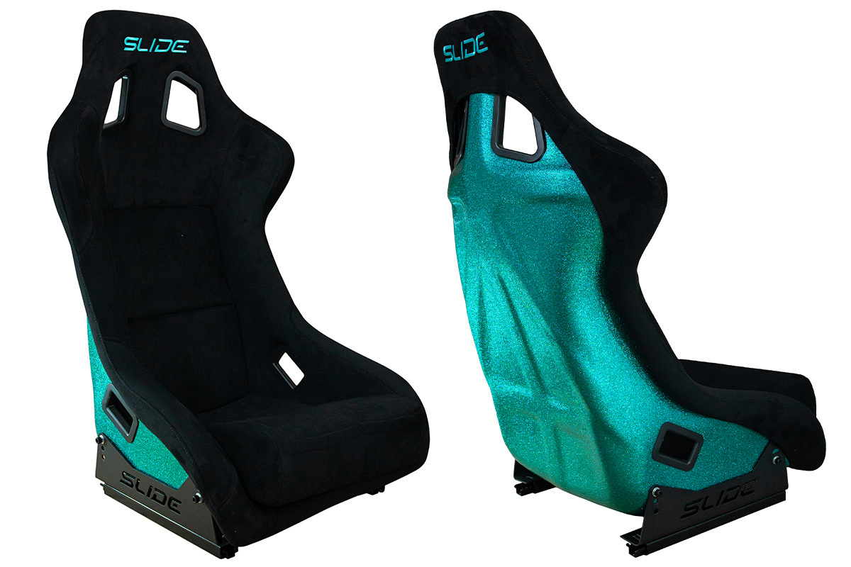 Racing seat SLIDE KS2 Premium Black Suede Turquoise Glitter