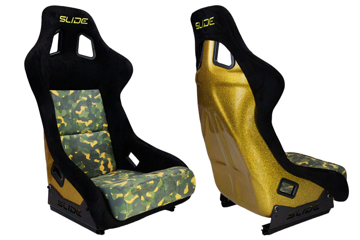 Racing seat SLIDE KS2 Premium Camouflage Dark Green Velour & Yellow Glitter