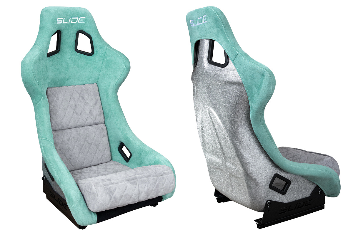 Racing seat SLIDE KS2 Premium Mint & Quilted Grey Suede Silver Glitter